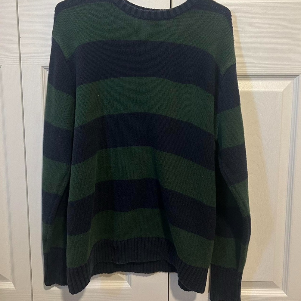 Brandy Melville Green and Navy Striped Crewneck Sweater